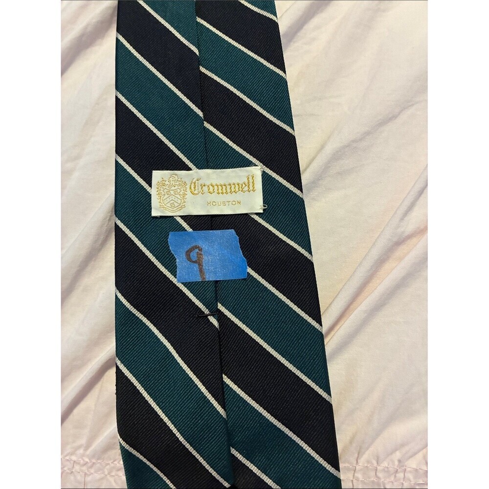 CROMWELL Teal and Black Diagonal Stripe Tie with White Pinstripes - Picture 2 of 3